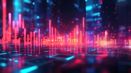 Colorful futuristic digital data visualization with glowing bars and grid pattern in neon pink and blue lights creating a high-tech atmosphere
