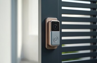 Modern smart doorbell with camera attached to dark gray fence. Home access device connects via wifi. Secure entrance, residential security system.