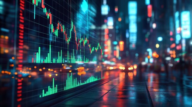 nighttime city street reflecting colorful stock market charts and graphs on glass window creating financial and technological atmosphere - Powered by Adobe