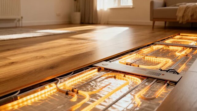 Electric underfloor heating panels installed under laminate flooring highlighted in a welllit room emphasizing energyefficient warmth.