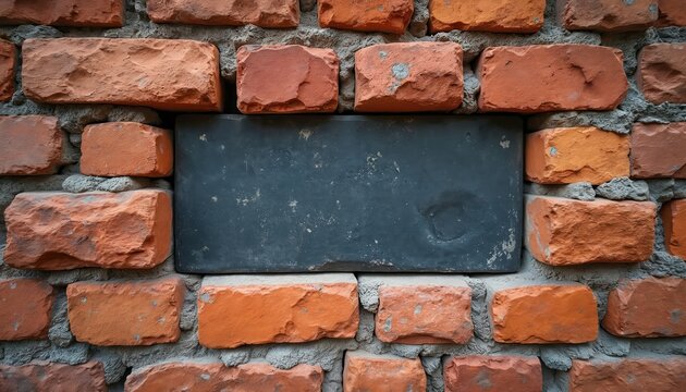 Close up of brick wall with unique dark stone insert. Textured surface shows warm orange bricks, rough grey mortar. Rustic building detail provides contrast, character. Industrial, urban background. - Powered by Adobe