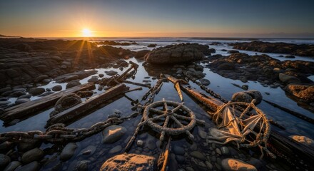 Fototapeta premium Wreckage of a ship with steering wheel and chain a rocky coastal shore at sunset. Ancient maritime adventure and mystery concept.