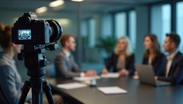 Professional camera records business team during corporate media training. Spokespeople practice for press conference difficult interview. Colleagues learn crisis communication, public speaking
