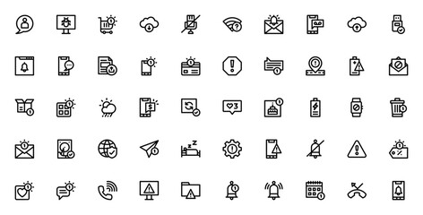 Notifications icon set. Minimal vector icons pack. Faturing add friend, shoppig cart, download, wifi, emil, upload, chat, mobile pone, payment, and more.
