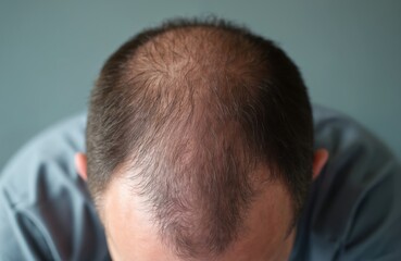Fototapeta premium Man head with thin hair showing balding pattern. Male scalp with receding hairline and sparse hair growth. Thinning hair on crown concerns man.
