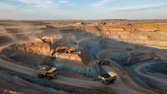 Medium shot of heavy machinery arranging earth layers in an openpit surface mining site with visible terraced excavation and mineral extraction activity.