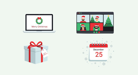 Christmas celebration with video calls gifts and calendar marking december 25th