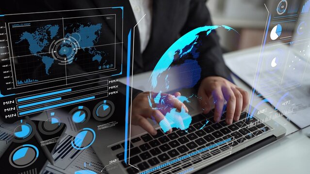 High-tech global network connection interface showing worldwide digital communication, data exchange, and internet connectivity. Global connection, data interaction, and worldwide communication. Thunk