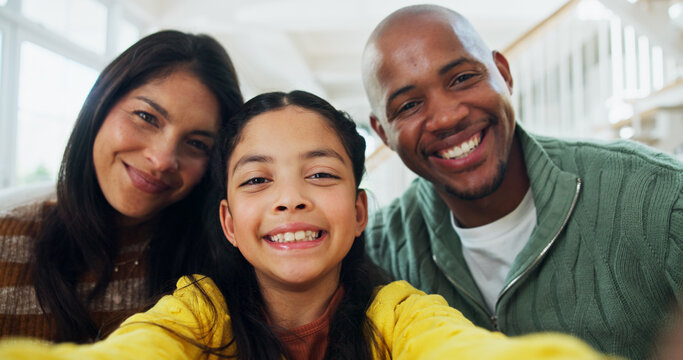 Photography, selfie and parents with girl in house, social media post and family bonding for happy memory. Pov, people and excited child with smile for profile picture, interracial and portrait