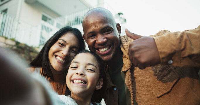 New home, backyard and selfie of parents with child for bonding, support and happy for relocation. Interracial family, pov and portrait of mom, dad and girl with thumbs up for love, memory and photo