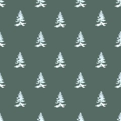 Christmas Trees Seamless Pattern Background, Seamless holiday pattern, background for wrapping paper, textile, greeting cards; pine trees, dark background