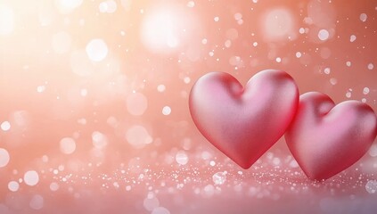 Two soft pink heart shapes against a glowing peach background with sparkling light bokeh conveying warmth and romance