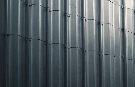 Grey corrugated metal panels form modern building facade. Vertical lines, horizontal seams create abstract geometric pattern. Surface reflects light, shadow. Industrial architecture detail, - Powered by Adobe