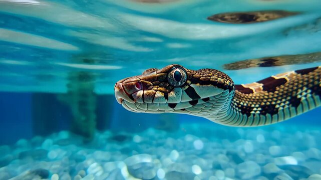 Serpentine Serenity: A captivating shot of a snake gliding gracefully through the tranquil, clear waters. Observe its intricate patterns and the vivid beauty of the underwater world.