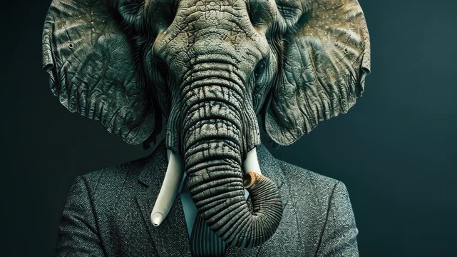The Elephant in the Room: A striking portrait showcases a surreal juxtaposition of a human in business attire with an elephant's head, symbolizing a hidden truth or a pressing issue.
