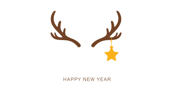 Whimsical reindeer antlers adorned with a golden star ornament and happy new year text on a clean white background - Powered by Adobe