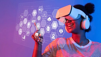A joyful woman interacting with a virtual reality headset, surrounded by digital graphics...