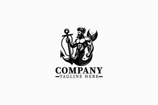 Powerful Merman Anchor Logo Vector &ndash; Strong Black and White Masculine Mermaid Warrior Holding Anchor, Mythical Ocean Fantasy Character Silhouette for Branding, Tattoo, Mascot, and Nautical Design