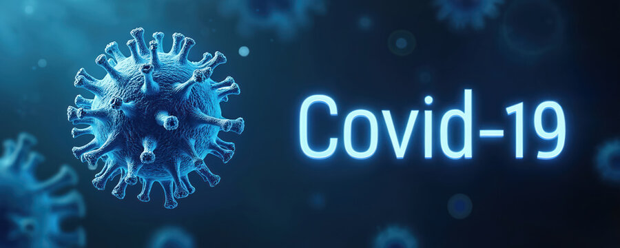 Microscopic view of Covid-19 virus particle. Text displays Covid-19. Medical illustration for pandemic awareness and global health concerns about infection.