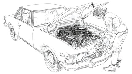 Mechanic Girl Working on Car with Hood Up, Vector Illustration