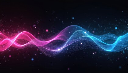 Abstract digital waves flow with neon pink and blue light particles. Futuristic concept for data science or network interface. Clean space for text.