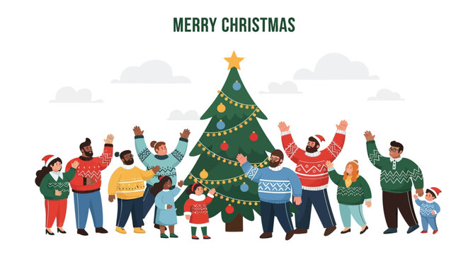 Diverse group of people wearing ugly christmas sweaters celebrating around a decorated tree with merry christmas text