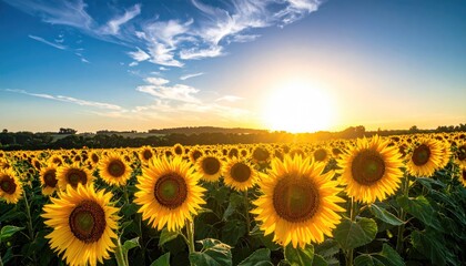 Vast Field of Golden Sunflowers Facing the Sunrise Under a Blue Sky with Wispy Clouds in the Countryside