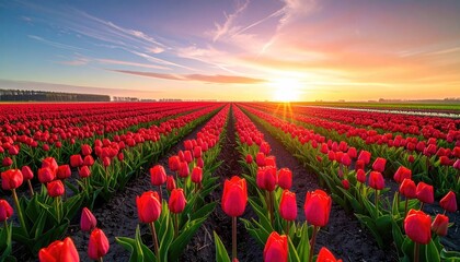 Vast Field Of Vibrant Red Tulips In Rows During A Golden Sunrise With Wispy Clouds And Distant Trees Under Bright Sunlight