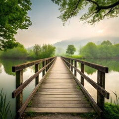 Fototapeta premium Wooden bridge over calm water leading to misty green hills and trees