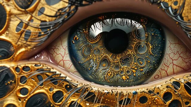 Mechanical Eye of Wonder: A close-up shot revealing a mesmerizing eye, its iris intricately detailed with steampunk-inspired gears and cogs, reflecting a world of wonder and mechanical beauty. 
