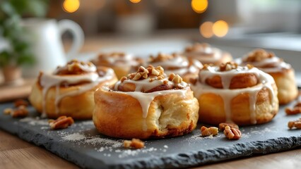 Freshly baked homemade cinnamon rolls with sweet icing and chopped pecans on a dark slate platter.