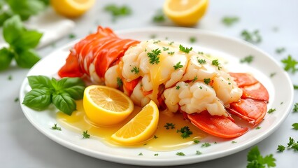 A delicious broiled lobster tail served on a white plate with lemon butter sauce and fresh parsley garnish.