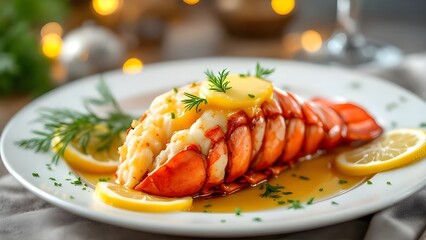 A gourmet broiled lobster tail served on a white plate with melted butter, lemon slices, and fresh herbs.