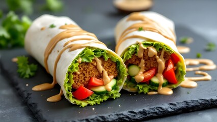 Two fresh vegetarian falafel wraps with lettuce, tomato, and cucumber, drizzled with tahini sauce on a dark slate platter.