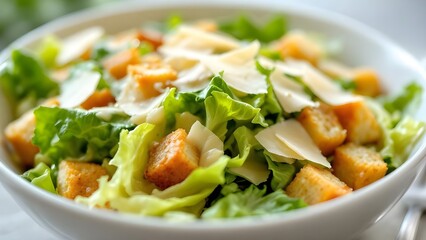 A fresh Caesar salad with romaine lettuce, crunchy croutons, and shaved parmesan cheese in a white bowl.
