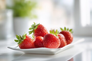 Fresh red strawberries on white ceramic plate