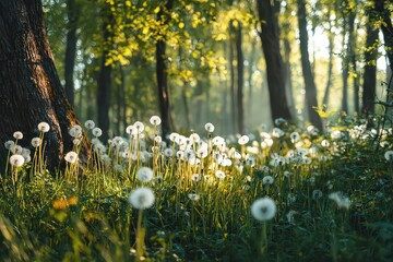 Obraz premium Lush Green Forest Scene with Dandelions in Sunlight Beam and Hazy Atmosphere