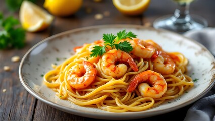 A delicious plate of shrimp scampi pasta with fresh parsley and lemon garnish on a rustic wooden table.