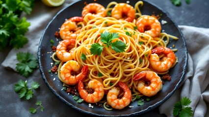 A delicious plate of shrimp scampi spaghetti with fresh parsley garnish, viewed from above on a dark background.