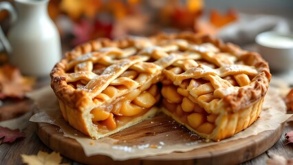 A delicious homemade apple pie with a lattice crust, with one slice removed, set on a wooden board in an autumn setting.