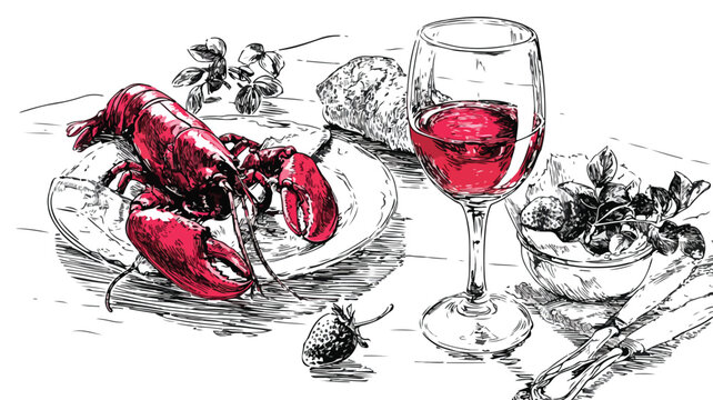 Exquisite Meal with Wine Glass and Lobster Vector Illustration for Culinary Designs