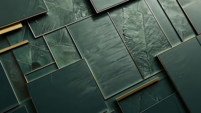 Green Tile Mosaic: A modern composition of green tiles with gold accents and leaf textures, an abstract design for luxury decor, highlighting textures and geometric patterns.