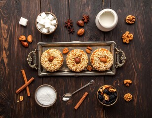 Top view of nut-covered donuts with sugar and milk on rustic wooden table, cozy dessert concept