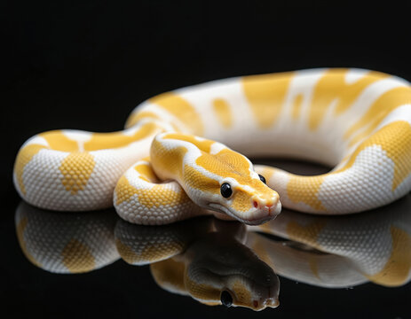 Yellow, white Banana Piebald Ball Python snake. Reptile looks forward, coiled on shiny black surface. Colorful patterned skin reflects below. Exotic pet sits calmly in studio setting. Unique animal