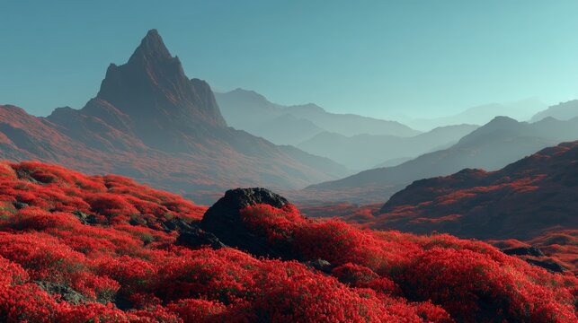 Scenic mountain landscape with red foliage and a clear blue sky in daytime