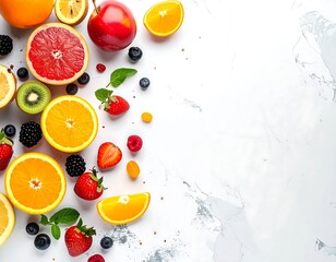 Vibrant assortment of fresh citrus and berries creating a frame on the left, with ample copy space on white marble.
