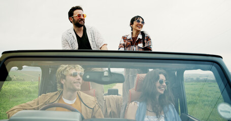Road trip, driving and couple of friends in car for holiday, adventure and explore. Tourism...