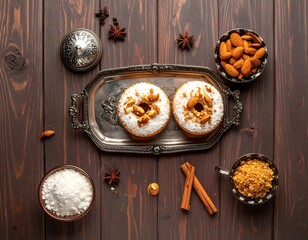 Two powdered sugar donuts with nuts on an ornate silver platter, surrounded by almonds, sugar, and spices on wood.