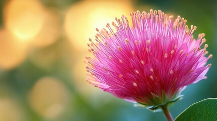 Close-up of a vibrant pink flower with delicate stamen against a softly blurred green and yellow bokeh background evoking calm and natural beauty