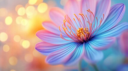 Obraz premium Close-up of a vibrant flower with delicate petals in shades of blue and purple, featuring bright yellow stamens and a soft bokeh background in warm tones